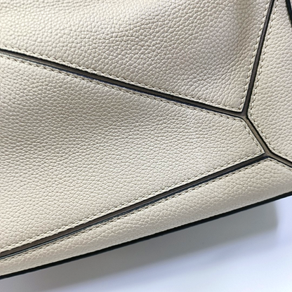 LOEWE Puzzle Small Khaki Calfskin Embossed Geometric Bag, Crossbody, Shoulder Bag, and Tote with Silver Hardware Removable Strap-(SKU)-963859842