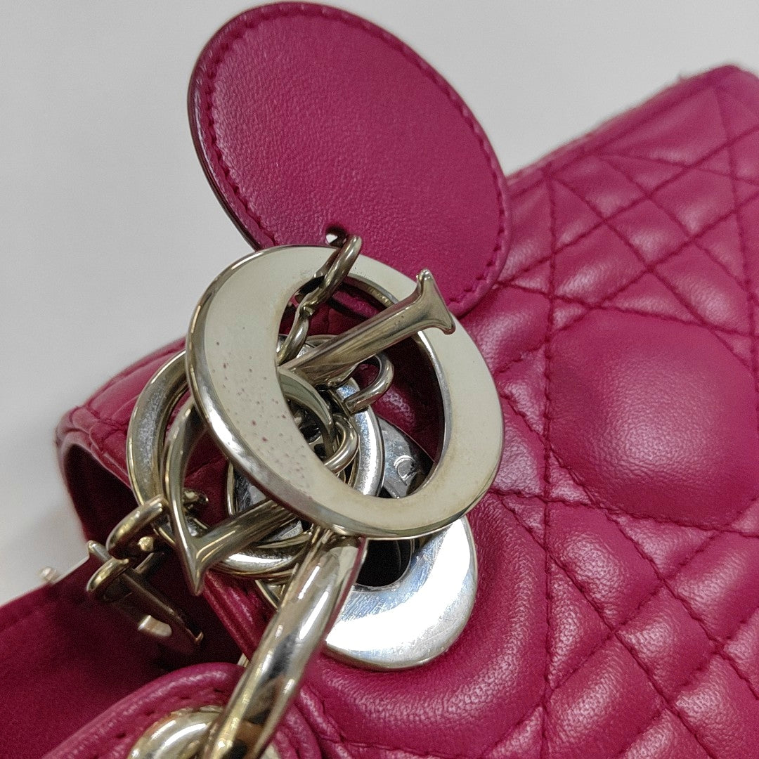 DIOR Lady Dior Mini Pinkish Red Lamb Leather Quilted Grained Three Compartment Shoulder Bag Crossbody Bag Tote Bag Silver Hardware Removable Strap-(SKU)-968391657