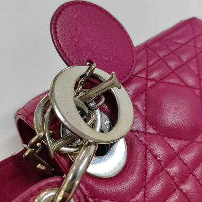 DIOR Lady Dior Mini Pinkish Red Lamb Leather Quilted Grained Three Compartment Shoulder Bag Crossbody Bag Tote Bag Silver Hardware Removable Strap-(SKU)-968391657