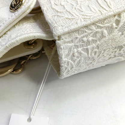 DIOR Lady D-Lite Medium Size White Canvas Embroidered Cutout Crossbody Shoulder Bag with Gold Hardware Removable Shoulder Strap-(SKU)-950358894