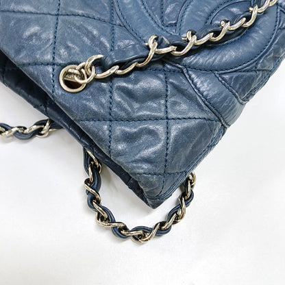 CHANEL CAMBON Blue Leather Quilted Diamond Pattern Single Shoulder Bag Silver Hardware 11 Clasp 2 Removable Shoulder Straps-(SKU)-966736811