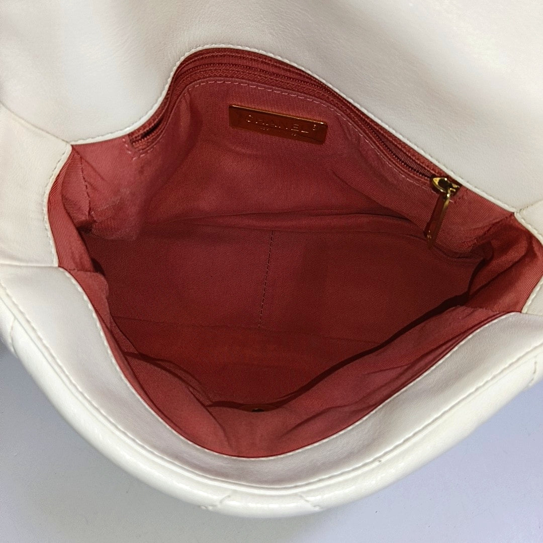 CHANEL CHANEL 19 Small White Lamb Skin Quilted Shoulder Bag Crossbody with Gold, Silver and Ruthenium Hardware 30 Clasp-(SKU)-969981633