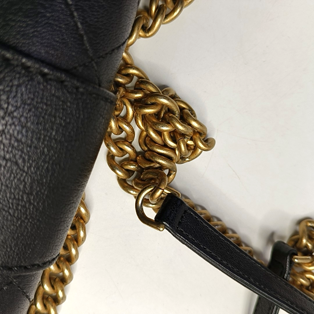 CHANEL FRONT CHAIN FLAP BAG Black Calfskin Quilted Shoulder Bag Gold Hardware 24K-(SKU)-961017689