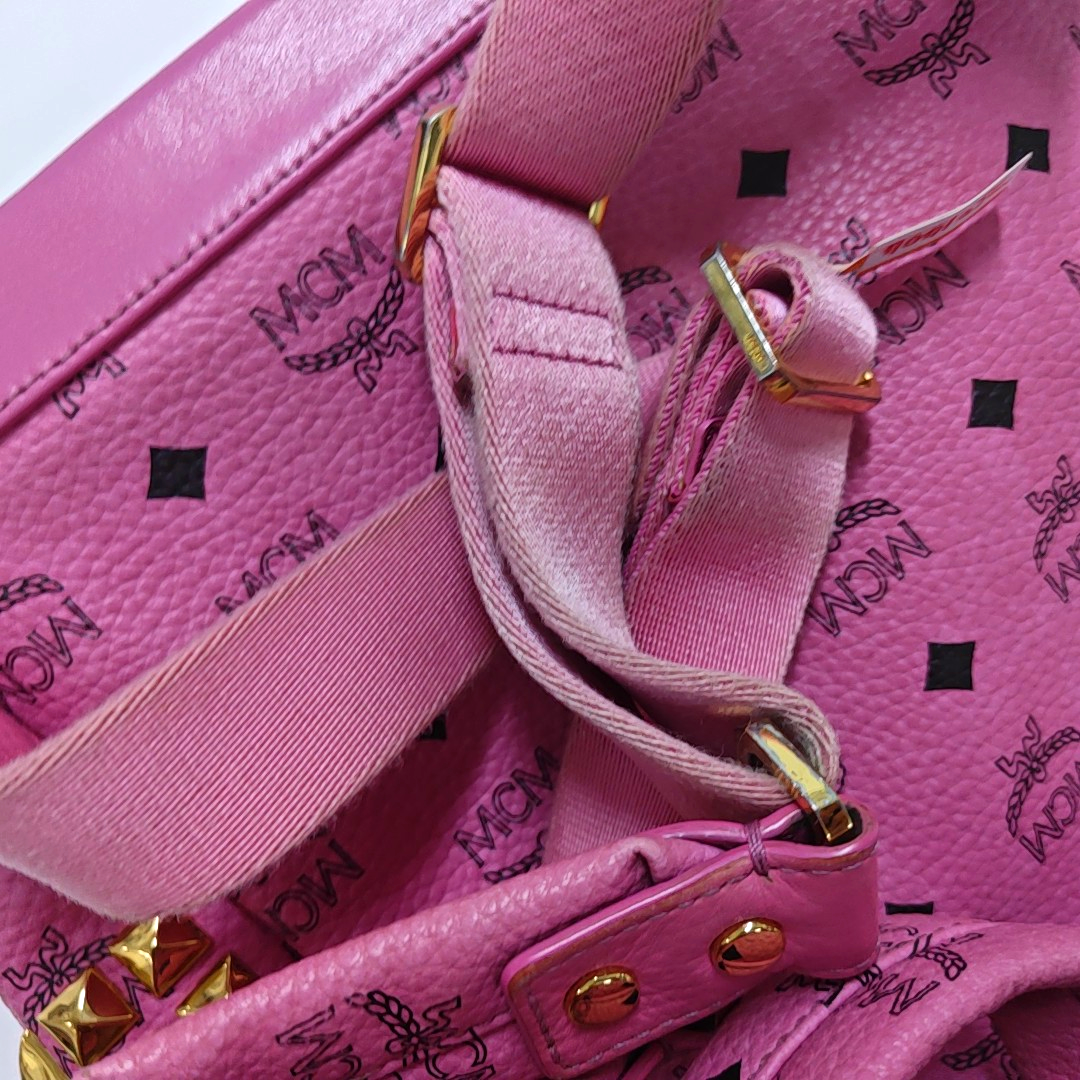 MCM STARK  Small size Pink Coated Canvas Studs Double Shoulder Bag Golden hardware-(SKU)-940254240