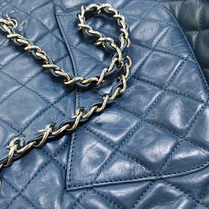 CHANEL CAMBON Blue Leather Quilted Diamond Pattern Single Shoulder Bag Silver Hardware 11 Clasp 2 Removable Shoulder Straps-(SKU)-966736811