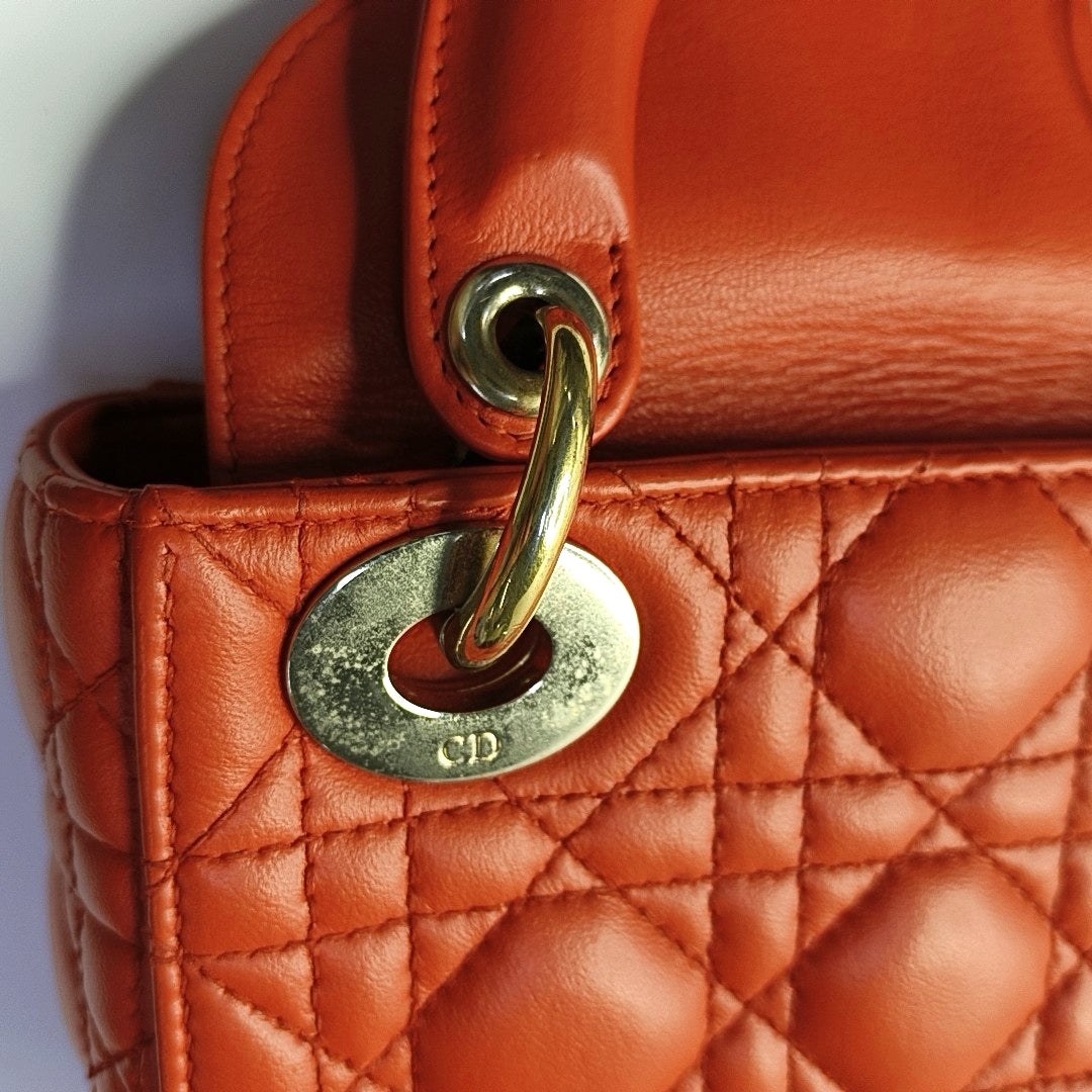 DIOR Lady Dior Mini Orange Lambskin Quilted Cannage Three Shoulder Bag, Crossbody Bag, Handbag with Detachable Strap-(SKU)-969826812