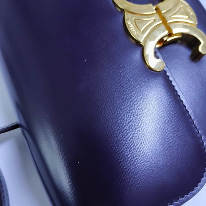 CELINE TRIOMPHE Dark Purple Calf Leather Triumph Monogram Single Shoulder Bag Golden Hardware-(SKU)-969606927