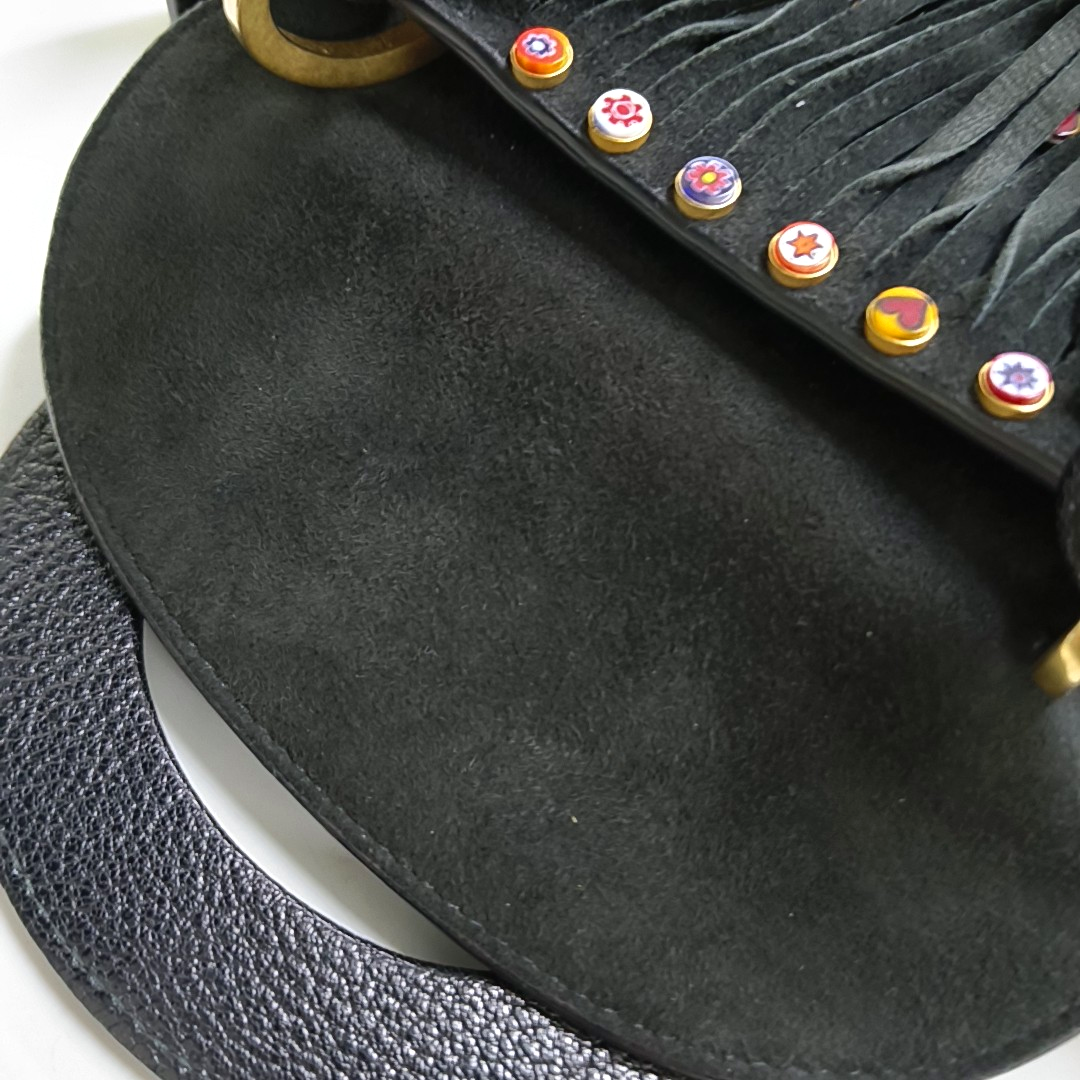 DIOR Lady Dior Mini Black Suede Leather Studded Fringe Crossbody Bag with Gold Hardware, Detachable Strap-(SKU)-961788599