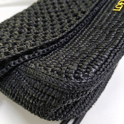 LOEWE Ola Medium Black Straw Single Shoulder Bag Golden Hardware Removable Strap-(SKU)-967584835