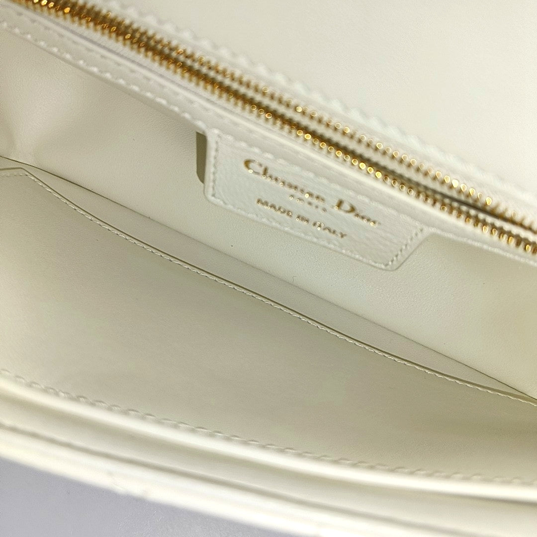 DIOR Dior Caro Small White Lamb Leather Monogram Embroidered Crossbody Shoulder Bag Golden Hardware Removable Strap-(SKU)-969973818