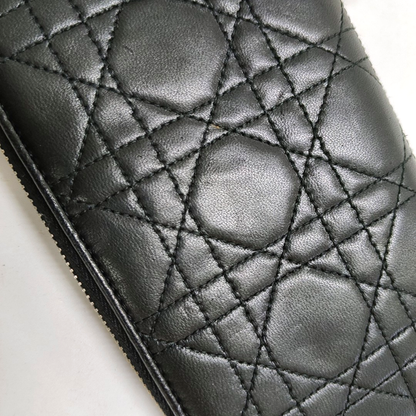 DIOR Lady Dior Black Lamb Leather  chevron pattern Wallet Silver Hardware-(SKU)-951110032