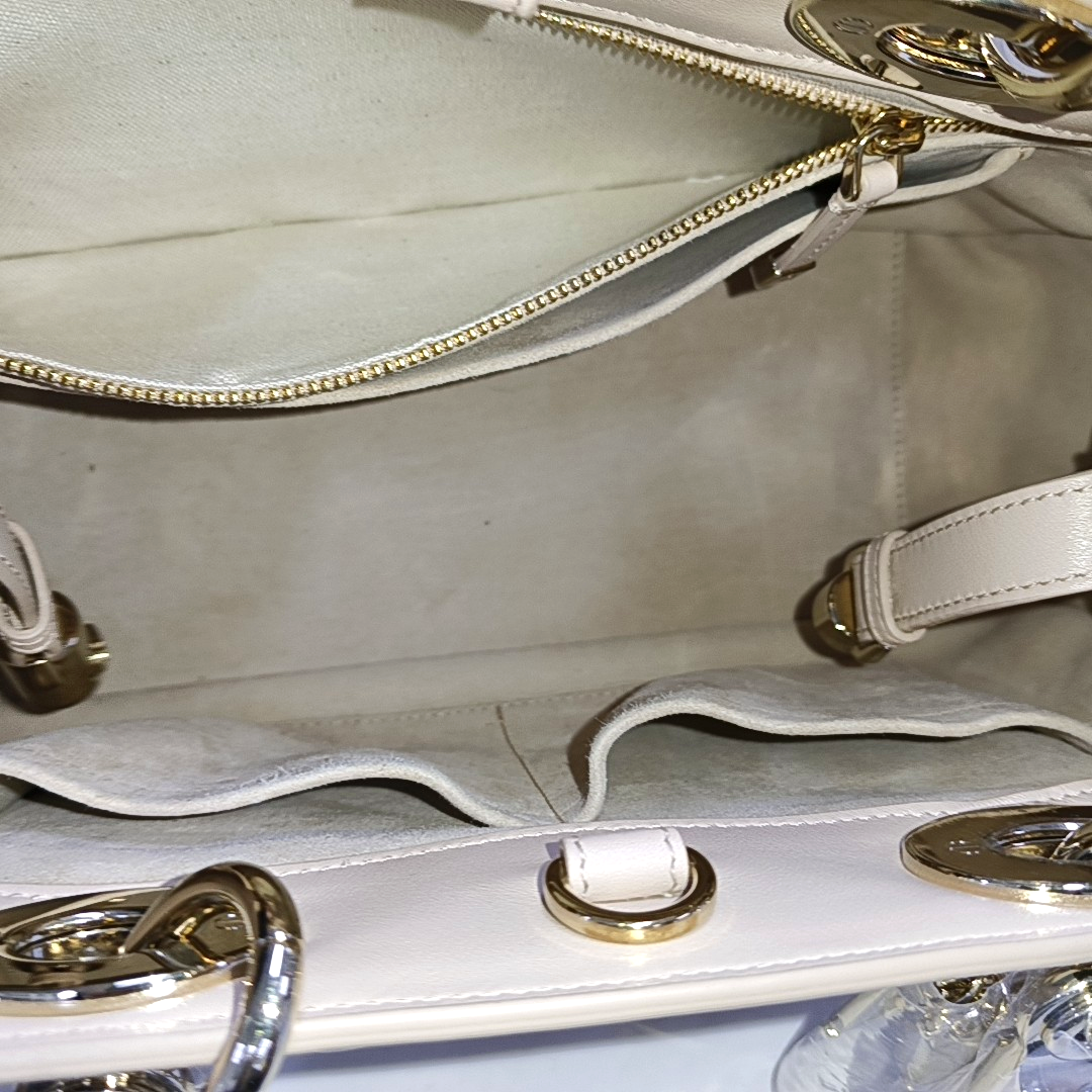 DIOR Lady Dior Small Beige Calfskin Cannage Embossed Shoulder Bag Tote Bag Crossbody Bag Golden Hardware Removable Strap-(SKU)-958701204