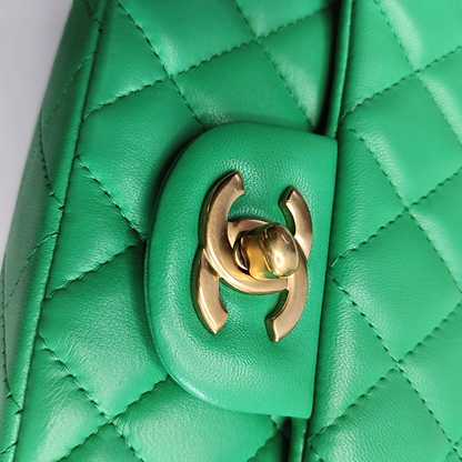 CHANEL CLASSIC FLAP Green Lamb Skin Quilted Monogram Large Mini Crossbody Bag Shoulder Bag 18 Clasp Golden Hardware-(SKU)-964964011