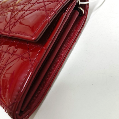 DIOR Lady Dior Burgundy Patent Leather Basketweave Stitched Wallet Golden hardware-(SKU)-950463180