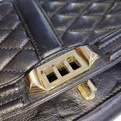 REBECCA MINKOFF Love  Black leather quilted crossbody single shoulder bag Golden hardware Removable shoulder strap-(SKU)-935256767