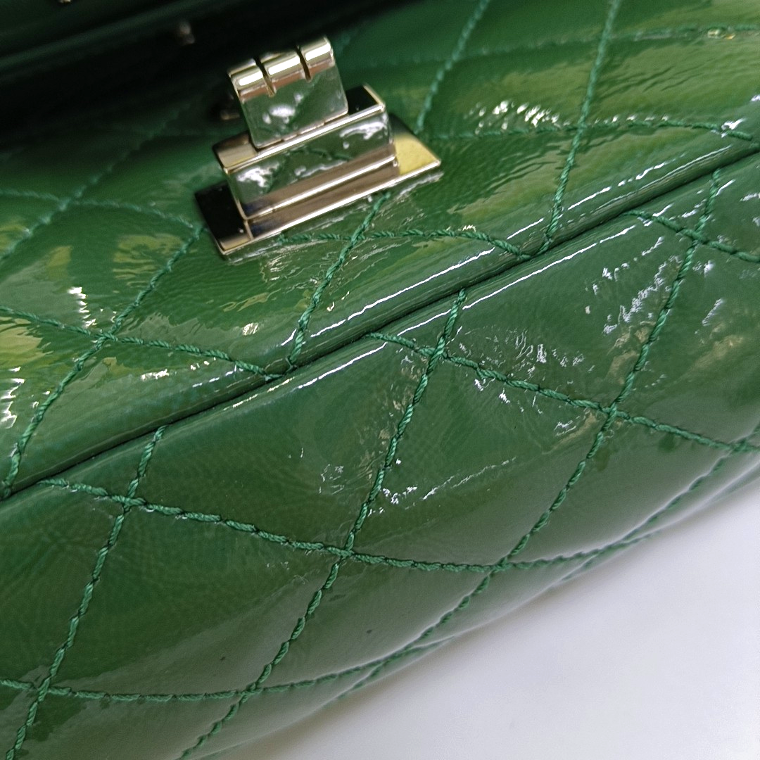 CHANEL 2.55 Small Green Patent Leather Quilted Chain Shoulder Bag with Silver Hardware, 14 Clasps-(SKU)-963604187