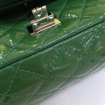 CHANEL 2.55 Small Green Patent Leather Quilted Chain Shoulder Bag with Silver Hardware, 14 Clasps-(SKU)-963604187