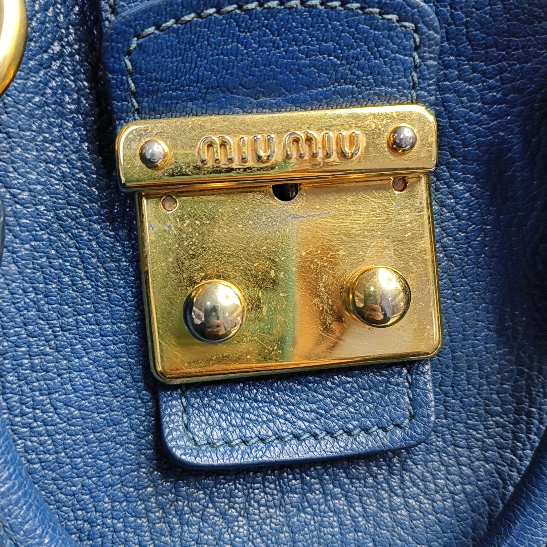 Miu Miu Tote bag Blue Cowhide Crumpled Shoulder Bag Single Shoulder Bag Crossbody Bag Golden hardware Removable shoulder strap-(SKU)-950926688