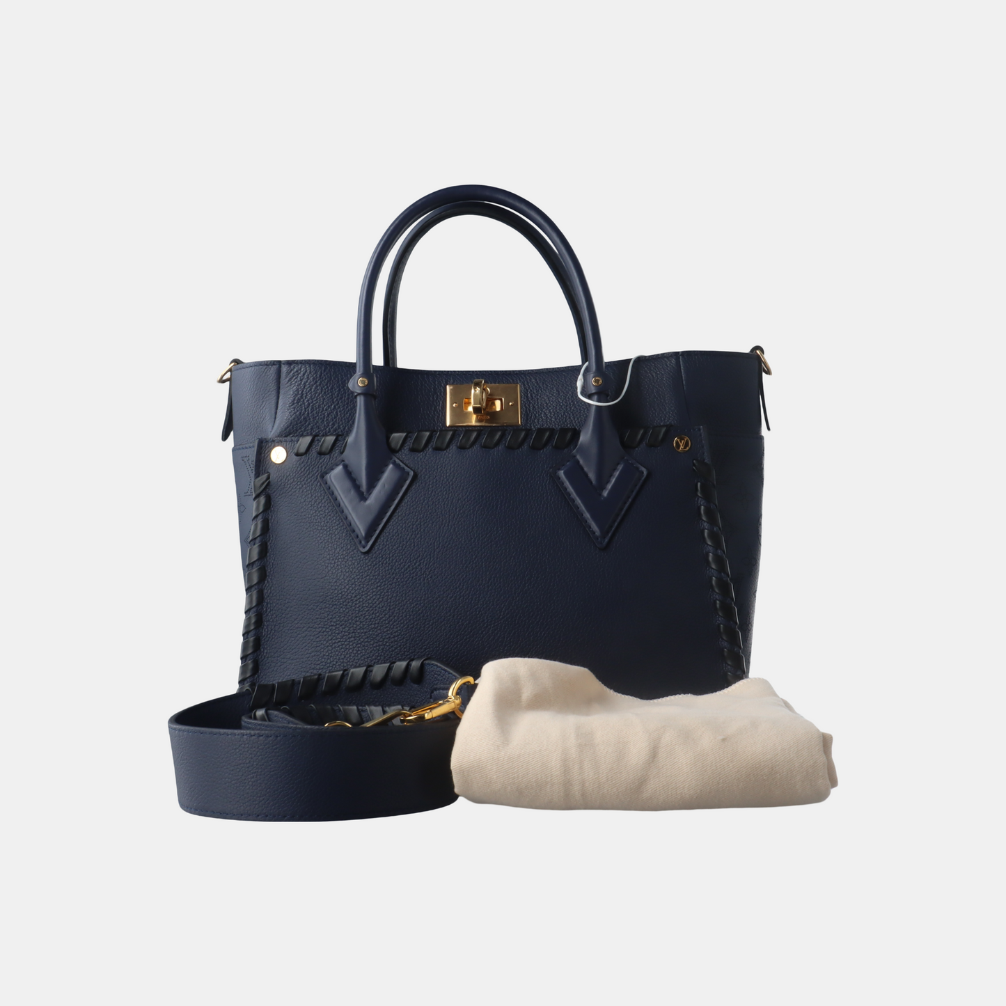 LOUIS VUITTON ON MY SIDE Medium Dark Blue Leather Woven Shoulder Bag, Gold Hardware, Removable Shoulder Strap-(SKU)-14487079