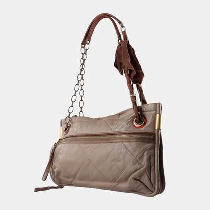 LANVIN Grey Leather Quilted Single Shoulder Bag Gold Brown Hardware-(SKU)-14232379