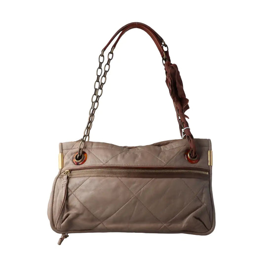 LANVIN Grey Leather Quilted Single Shoulder Bag Gold Brown Hardware-(SKU)-14232379