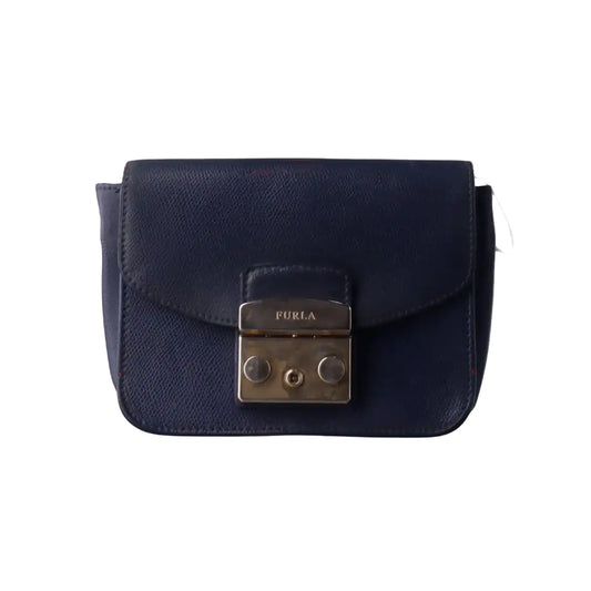 FURLA Metropolis Dark Blue Leather Grooved Handbag with Sling and Shoulder Golden hardware-(SKU)-929659818