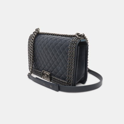 CHANEL BOY CHANEL Large Dark Blue Calfskin Quilted Shoulder Bag Backpack with Detachable Strap Rhodium Hardware 21 Compartments-(SKU)-931094440