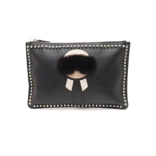 FENDI Karlito Black Leather Studs Handbag Silver Hardware-(SKU)-934933009