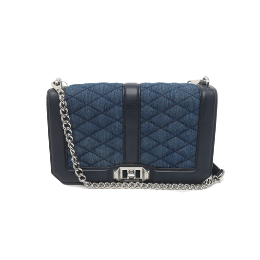 REBECCA MINKOFF Love  Blue Leather Quilted Crossbody Shoulder Bag Silver Hardware Removable shoulder strap-(SKU)-935256758