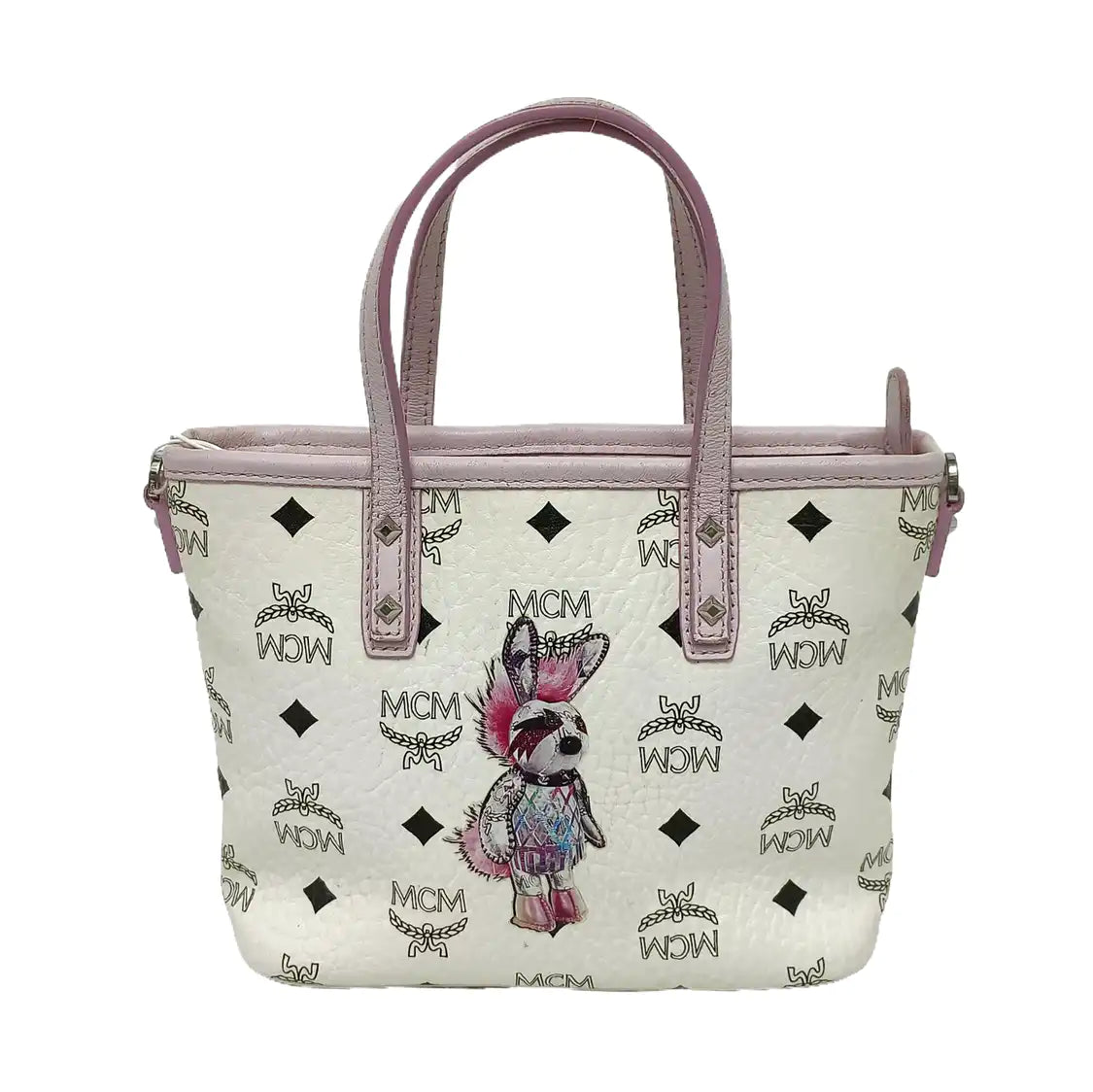 MCM ANYA mini White coated canvas old floral rabbit single shoulder bag Silver Hardware Removable shoulder strap-(SKU)-940066855