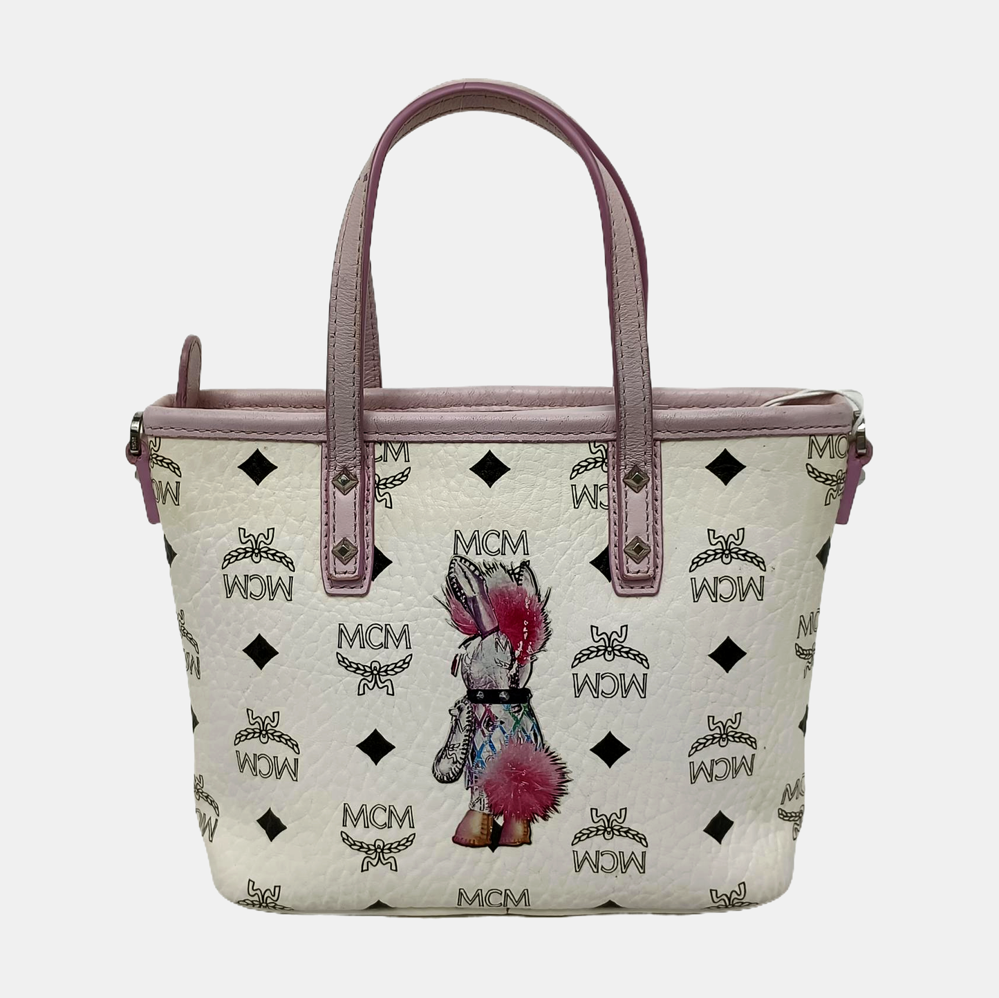 MCM ANYA mini White coated canvas old floral rabbit single shoulder bag Silver Hardware Removable shoulder strap-(SKU)-940066855