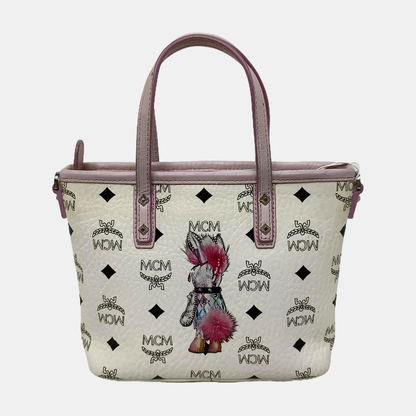 MCM ANYA mini White coated canvas old floral rabbit single shoulder bag Silver Hardware Removable shoulder strap-(SKU)-940066855