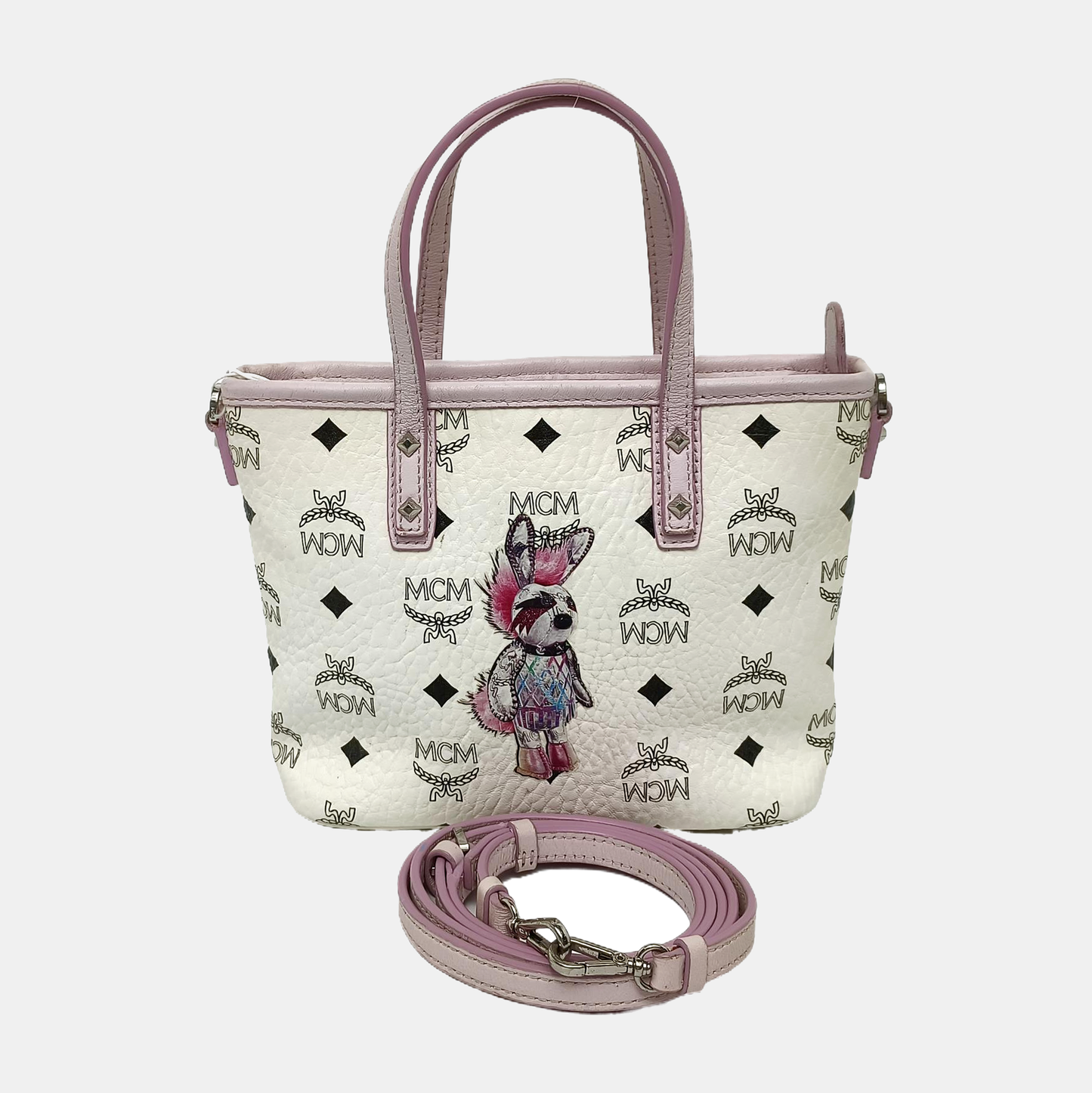 MCM ANYA mini White coated canvas old floral rabbit single shoulder bag Silver Hardware Removable shoulder strap-(SKU)-940066855