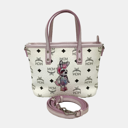 MCM ANYA mini White coated canvas old floral rabbit single shoulder bag Silver Hardware Removable shoulder strap-(SKU)-940066855