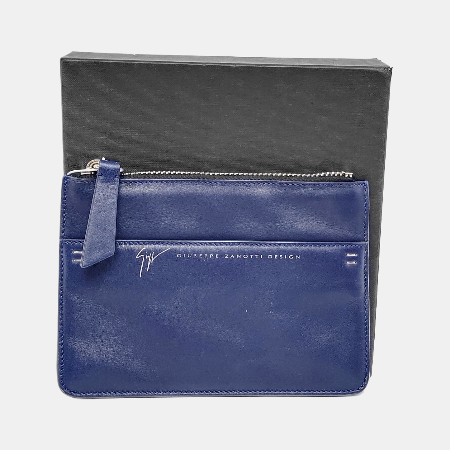GIUSEPPE ZANOTTI Dark Blue Leather Clutch Silver Hardware-(SKU)-940352011