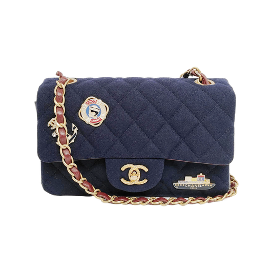 CHANEL CLASSIC FLAP Mini Deep Blue Fabric Monogram Shoulder Bag, Crossbody with Detachable Strap, Golden Hardware, 26 Clasps-(SKU)-940910640