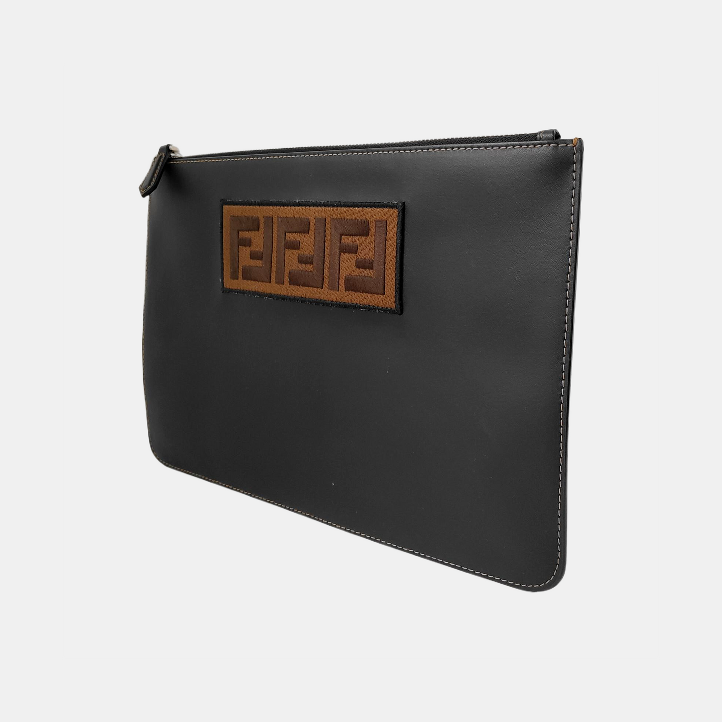 FENDI Black牛皮双F刺绣手拿包 Silver Hardware-(SKU)-941590561