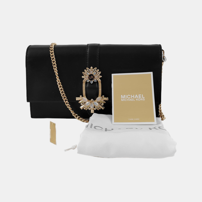 MICHAEL KORS Black Leather Embellished Shoulder Bag Crossbody Golden hardware Removable shoulder strap-(SKU)-942807098