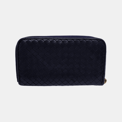 BOTTEGA VENETA Veneta Navy Blue Cowhide Braided Wallet Black hardware-(SKU)-943401701