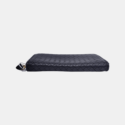 BOTTEGA VENETA Veneta Navy Blue Cowhide Braided Wallet Black hardware-(SKU)-943401701