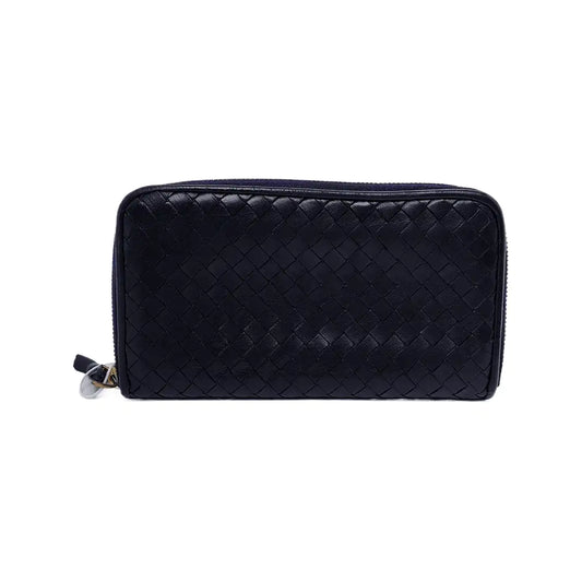 BOTTEGA VENETA Veneta Navy Blue Cowhide Braided Wallet Black hardware-(SKU)-943401701