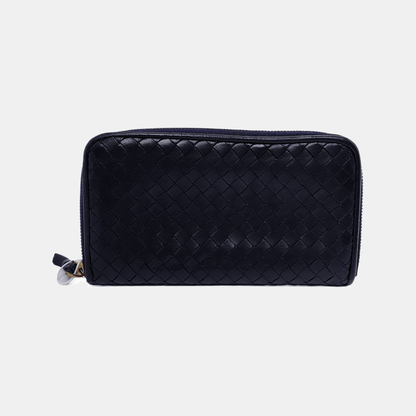 BOTTEGA VENETA Veneta Navy Blue Cowhide Braided Wallet Black hardware-(SKU)-943401701