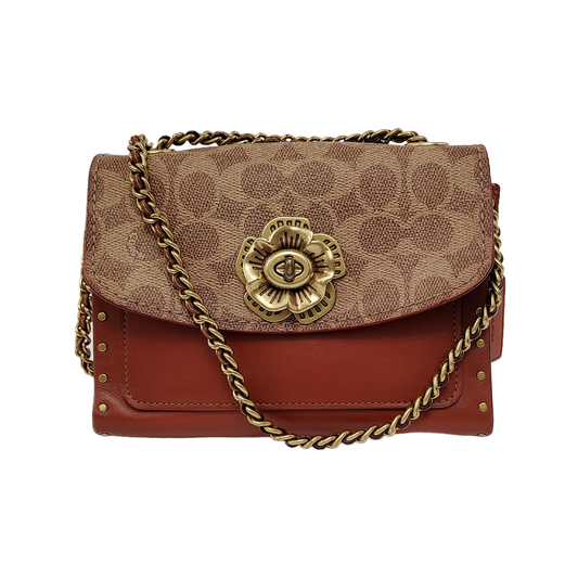 COACH PARKER 18 Brown Coated Canvas Monogrammed Studs Crossbody Shoulder Bag Golden hardware-(SKU)-944285676