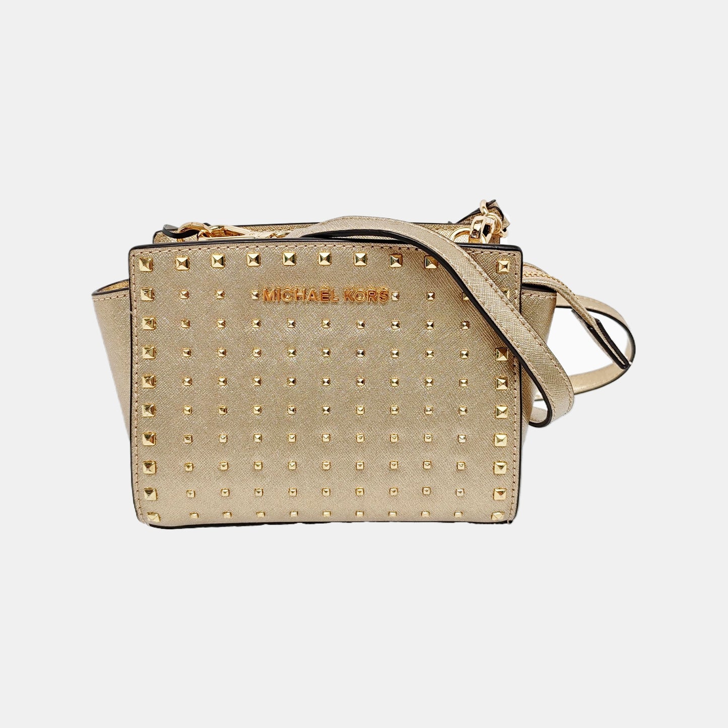 MICHAEL KORS Gold Leather Stud Crossbody Single Shoulder Bag Golden hardware Removable shoulder strap-(SKU)-940524037