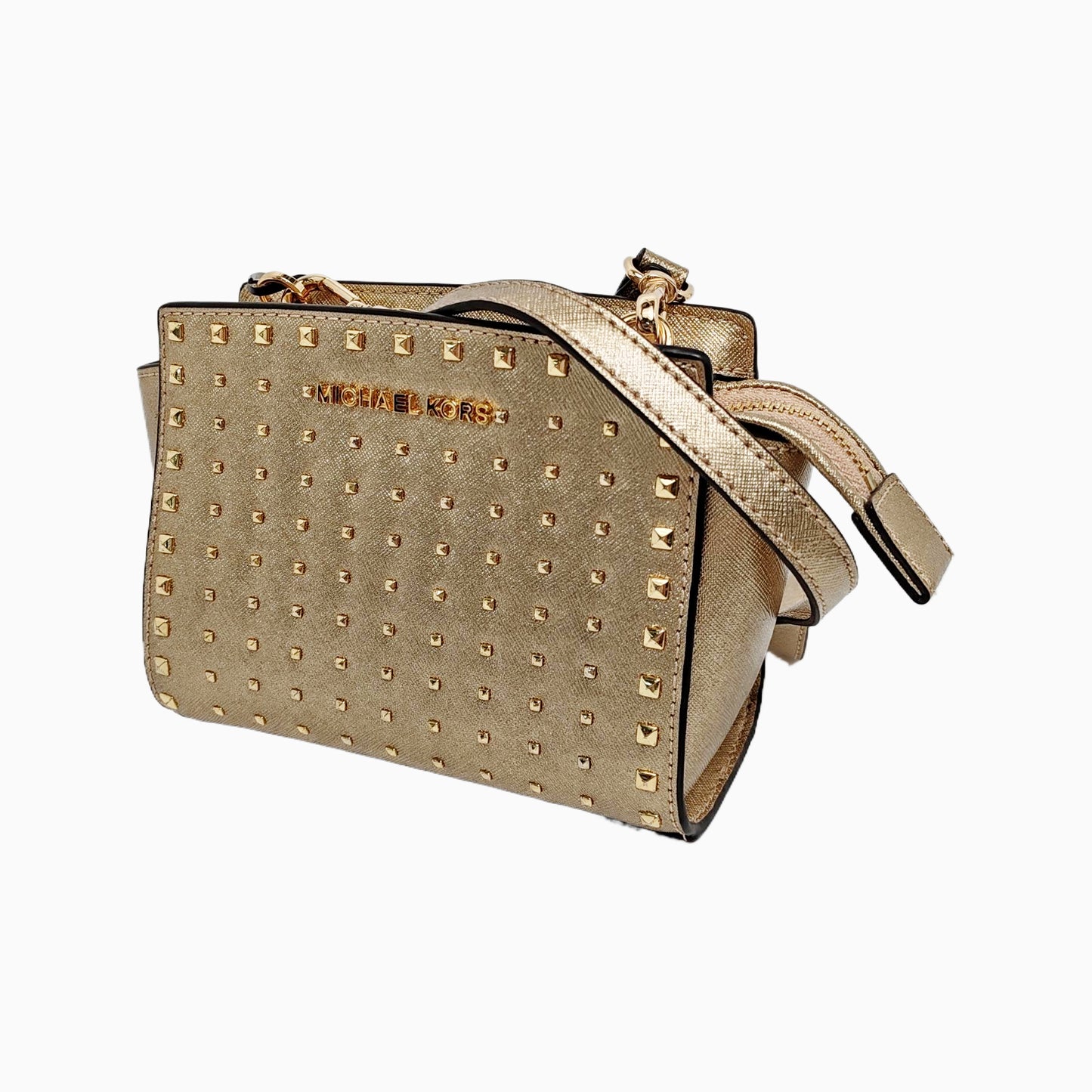 MICHAEL KORS Gold Leather Stud Crossbody Single Shoulder Bag Golden hardware Removable shoulder strap-(SKU)-940524037