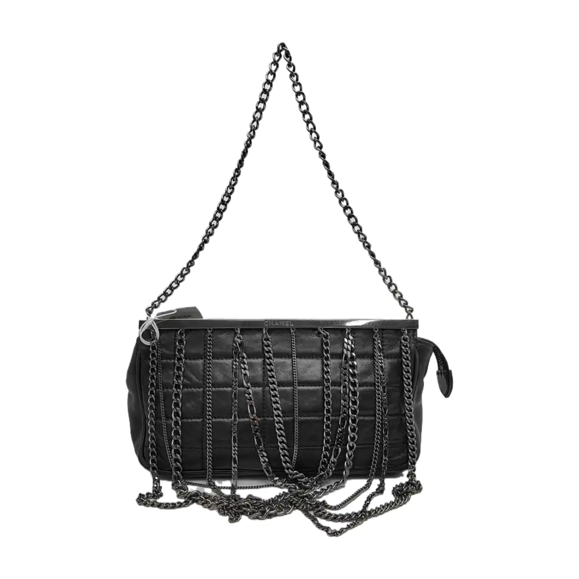 CHANEL CHOCOLATE BAR Black Lamb Skin Quilted Shoulder Bag, Handbag with Silver Hardware, 8 compartments-(SKU)-946413331