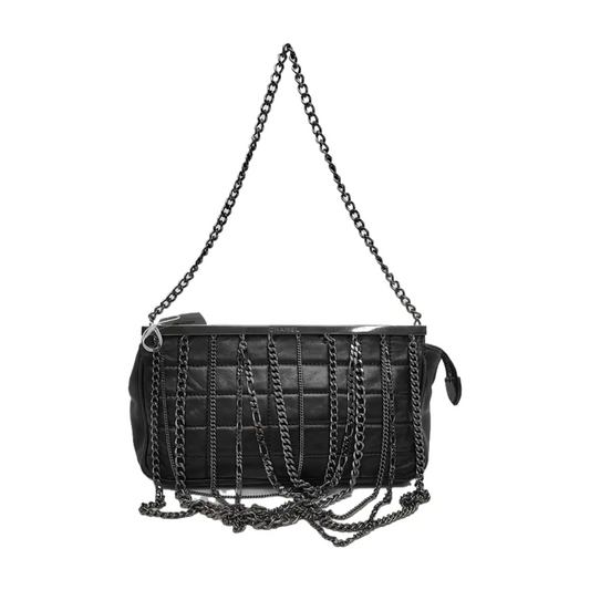 CHANEL CHOCOLATE BAR Black Lamb Skin Quilted Shoulder Bag, Handbag with Silver Hardware, 8 compartments-(SKU)-946413331