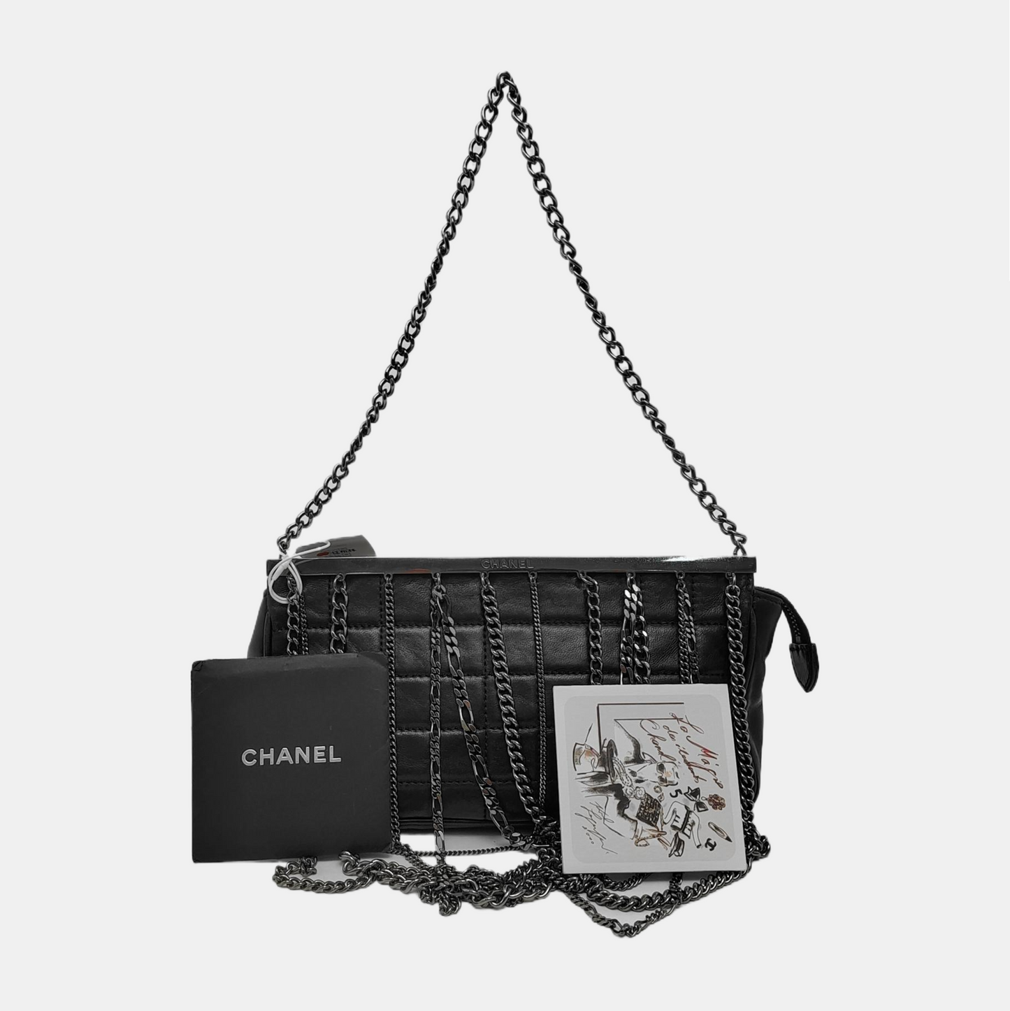 CHANEL CHOCOLATE BAR Black Lamb Skin Quilted Shoulder Bag, Handbag with Silver Hardware, 8 compartments-(SKU)-946413331