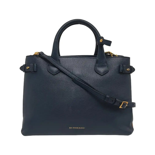 BURBERRY The Banner Medium size Dark Blue Leather Shoulder Tote Crossbody Bag Golden hardware Removable shoulder strap-(SKU)-947520458