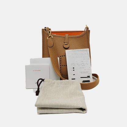 HERMÈS Evelyne TPM Caramel Color Clemence Leather Evelyne TPM Crossbody Shoulder Bag Handbag with Gold Hardware Z Mark Removable Shoulder Strap Full Set of Accessories Included-(SKU)-947423058